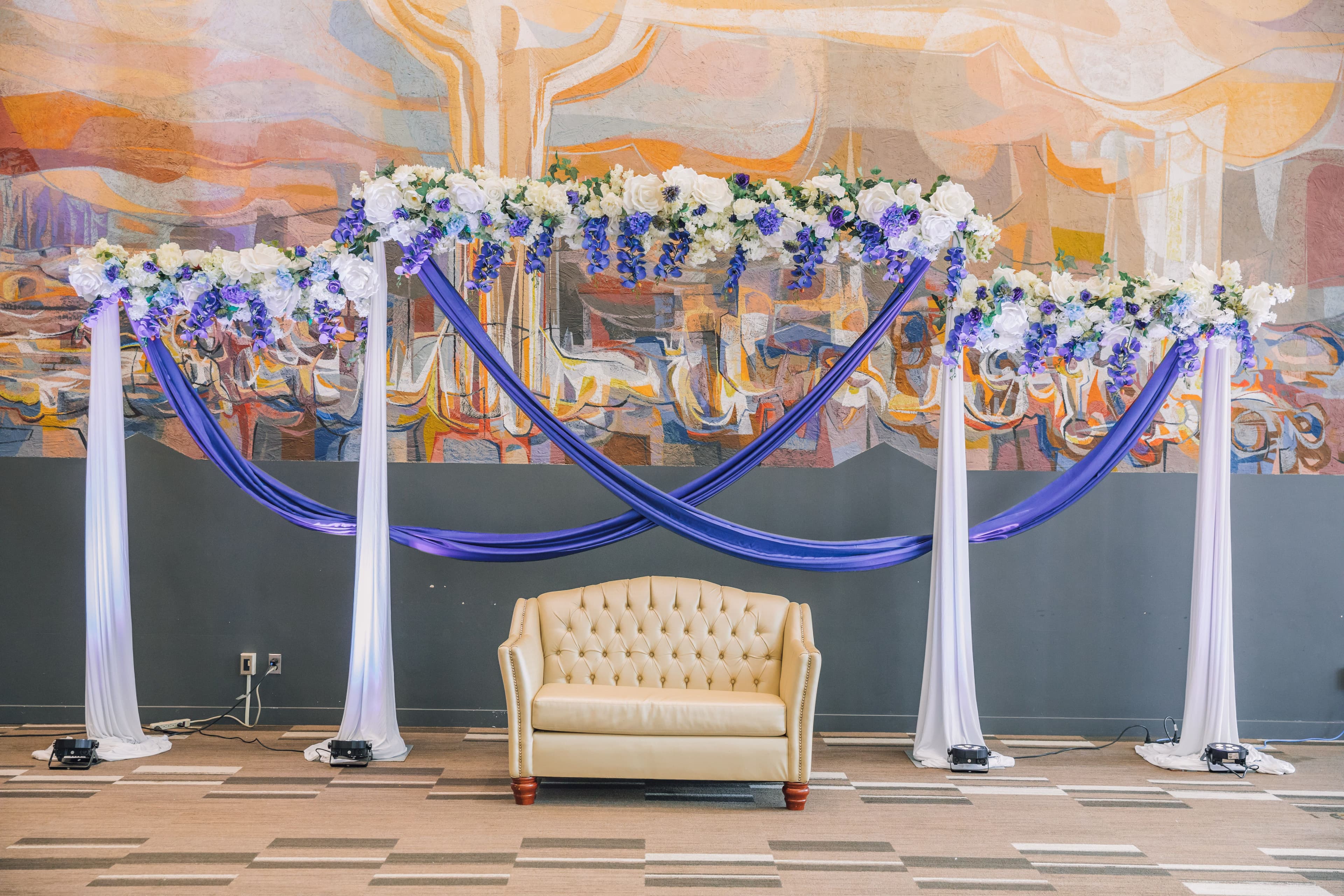 The Wedding Ring, Kitchener Public Library, Peter B Photography, KW wedding photographer, Kitchener wedding venue, Waterloo wedding venue, Cambridge wedding venue, white love seat under wedding arch for reception seating for bride and groom