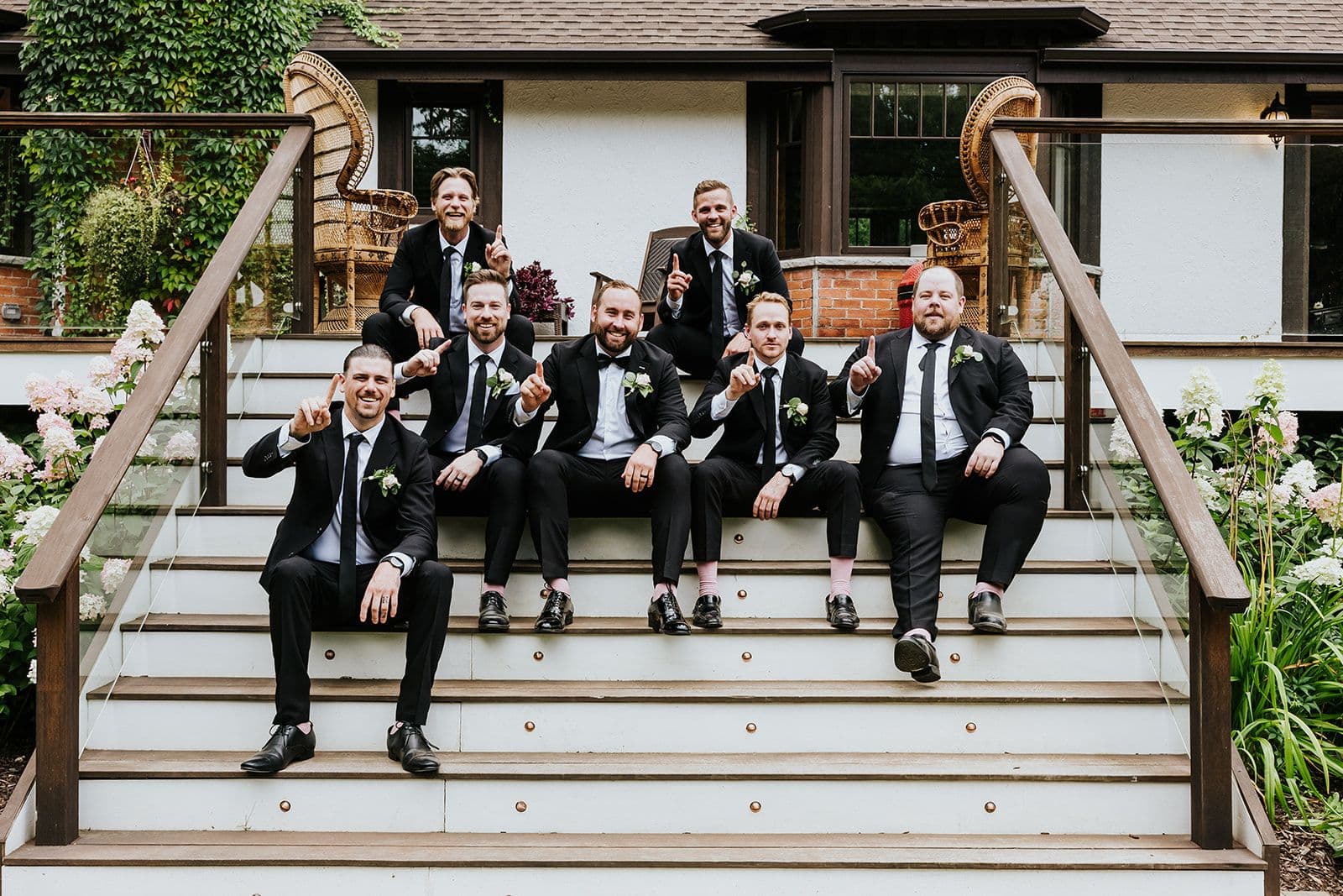 Erin Estates, Wedding Venue, Fedora Media, Cambridge Wedding Photographer, Groom and Groomsmen sitting on steps looking at the camera